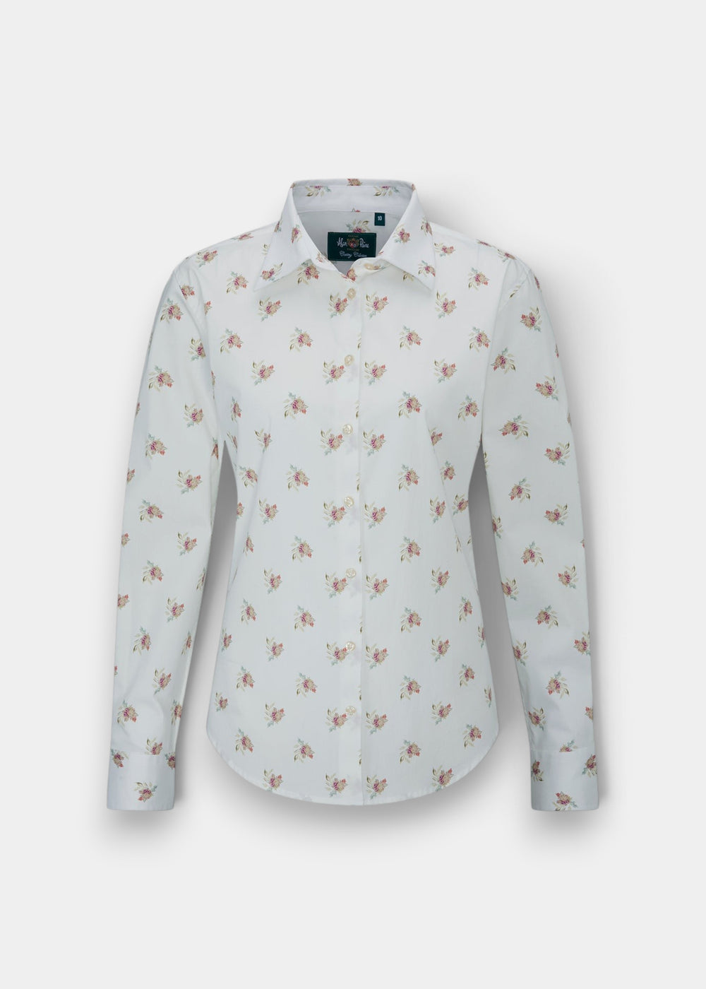 Lawen Cotton Floral Print Shirt, regular fit, longer length, minimal iron, pink flowers on white.