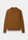 Alan Paine Kilsyth V-neck jumper in gazelle brown lambswool with ribbed hem and cuffs.