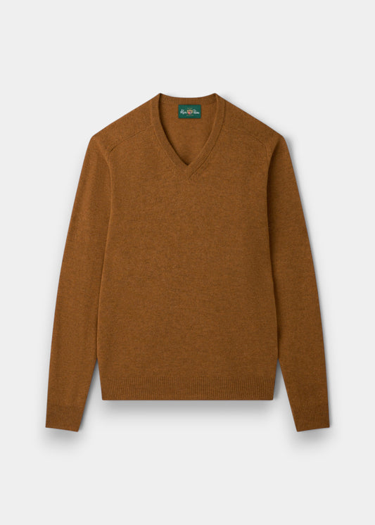 Alan Paine Kilsyth V-neck jumper in gazelle brown lambswool with ribbed hem and cuffs.