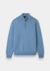 Alan Paine Sutherland lambswool quarter zip jumper in glacier blue with a leather zip pull and ribbed hem and cuffs.