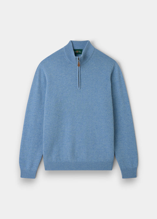 Alan Paine Sutherland lambswool quarter zip jumper in glacier blue with a leather zip pull and ribbed hem and cuffs.
