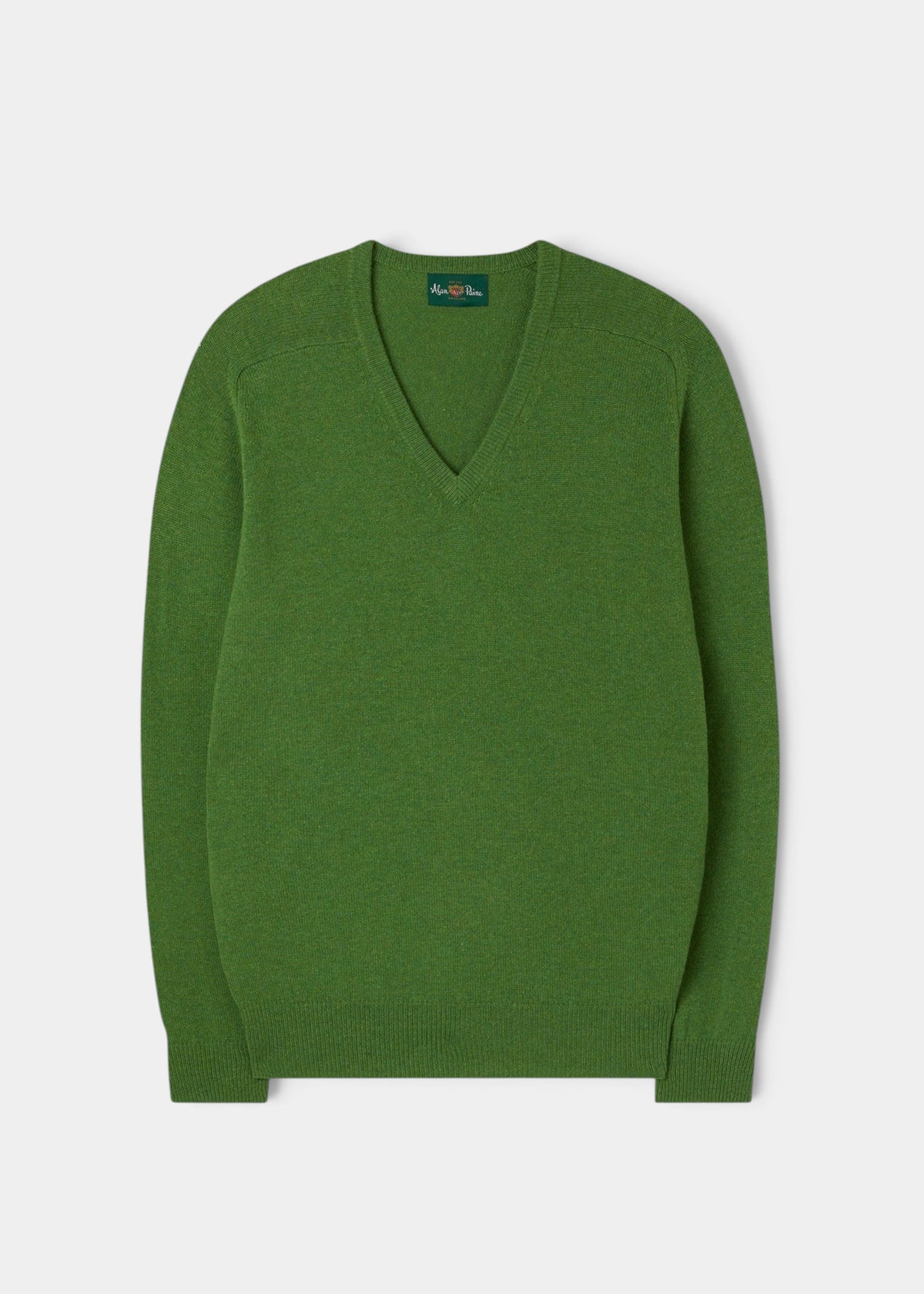 Alan Paine men's green lambswool v-neck jumper with saddle shoulder and ribbed cuffs in a classic fit