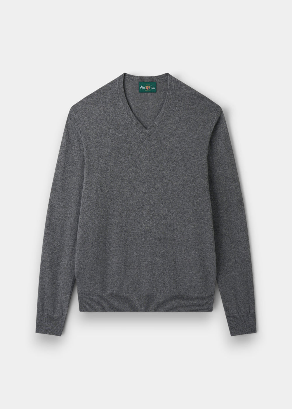 Alan Paine Haddington grey cashmere v-neck jumper with ribbed hem and cuffs in a regular fit
