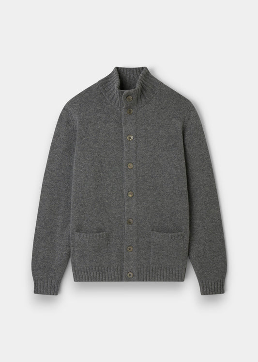 Alan Paine men's grey mix lambswool buttoned cardigan with a ribbed mock neck collar and two front pockets.