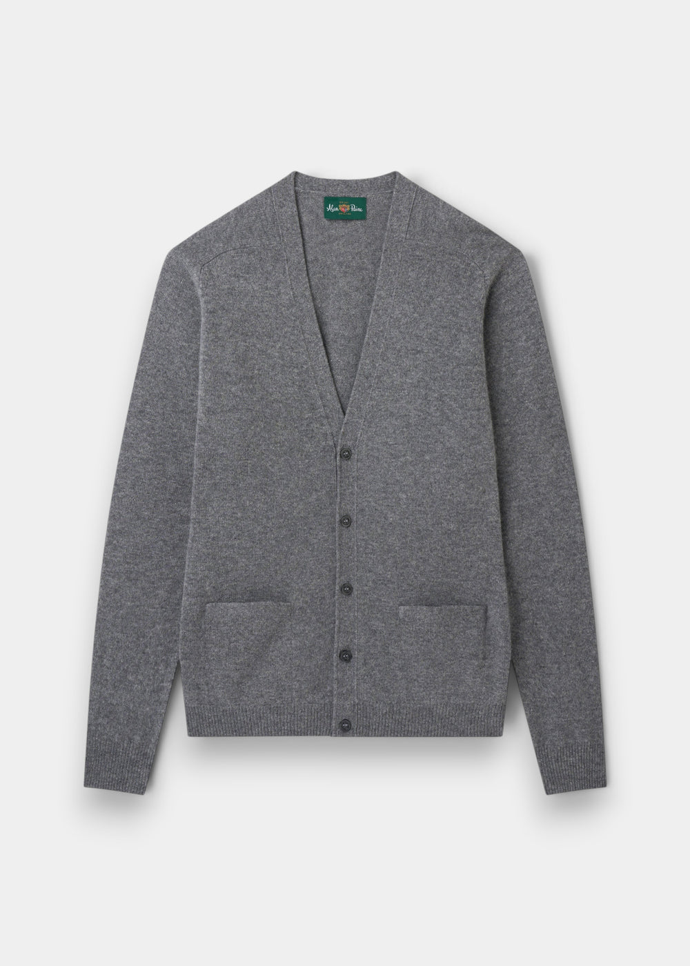 Alan Paine grey lambswool cardigan with a V-neck, five-button front, and two jetted pockets in a classic fit.