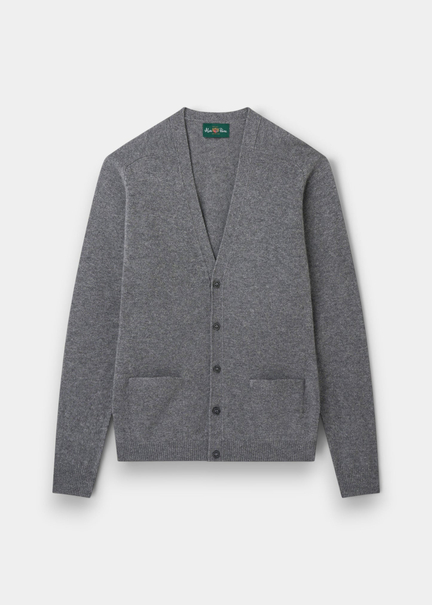 Alan Paine grey lambswool cardigan with a V-neck, five-button front, and two jetted pockets in a classic fit.