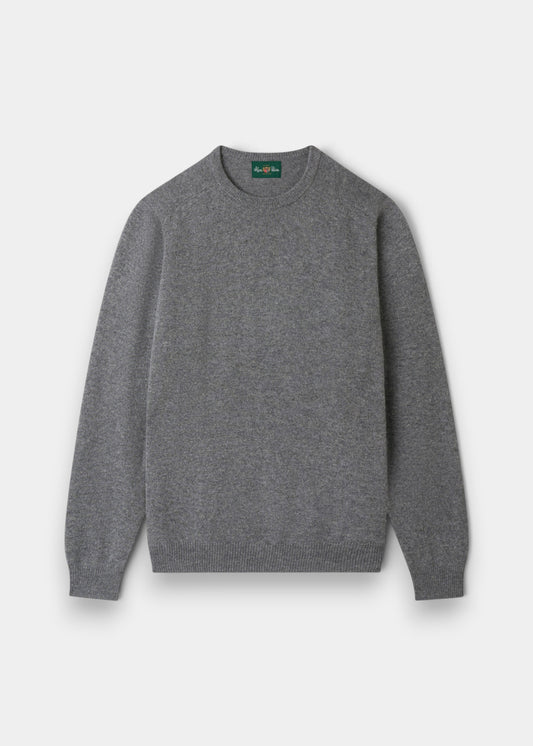 Alan Paine Dorset men's grey mix crew neck jumper in soft lambswool with a classic fit and saddle shoulder design.