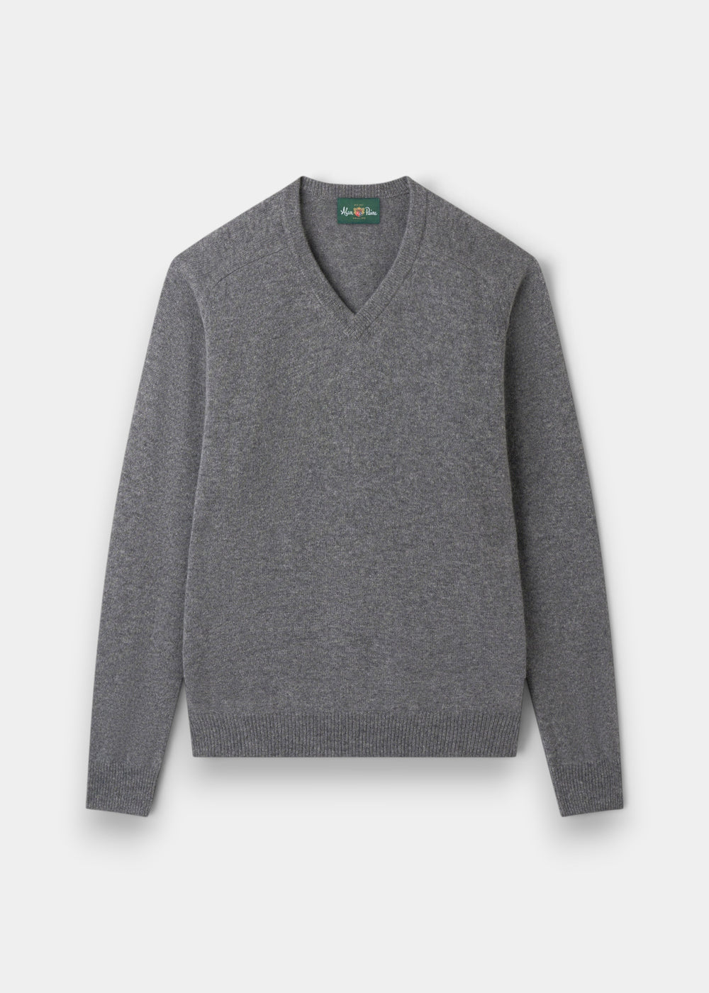 Alan Paine Kilsyth men's grey mix V-neck jumper in soft lambswool with ribbed hem and cuffs