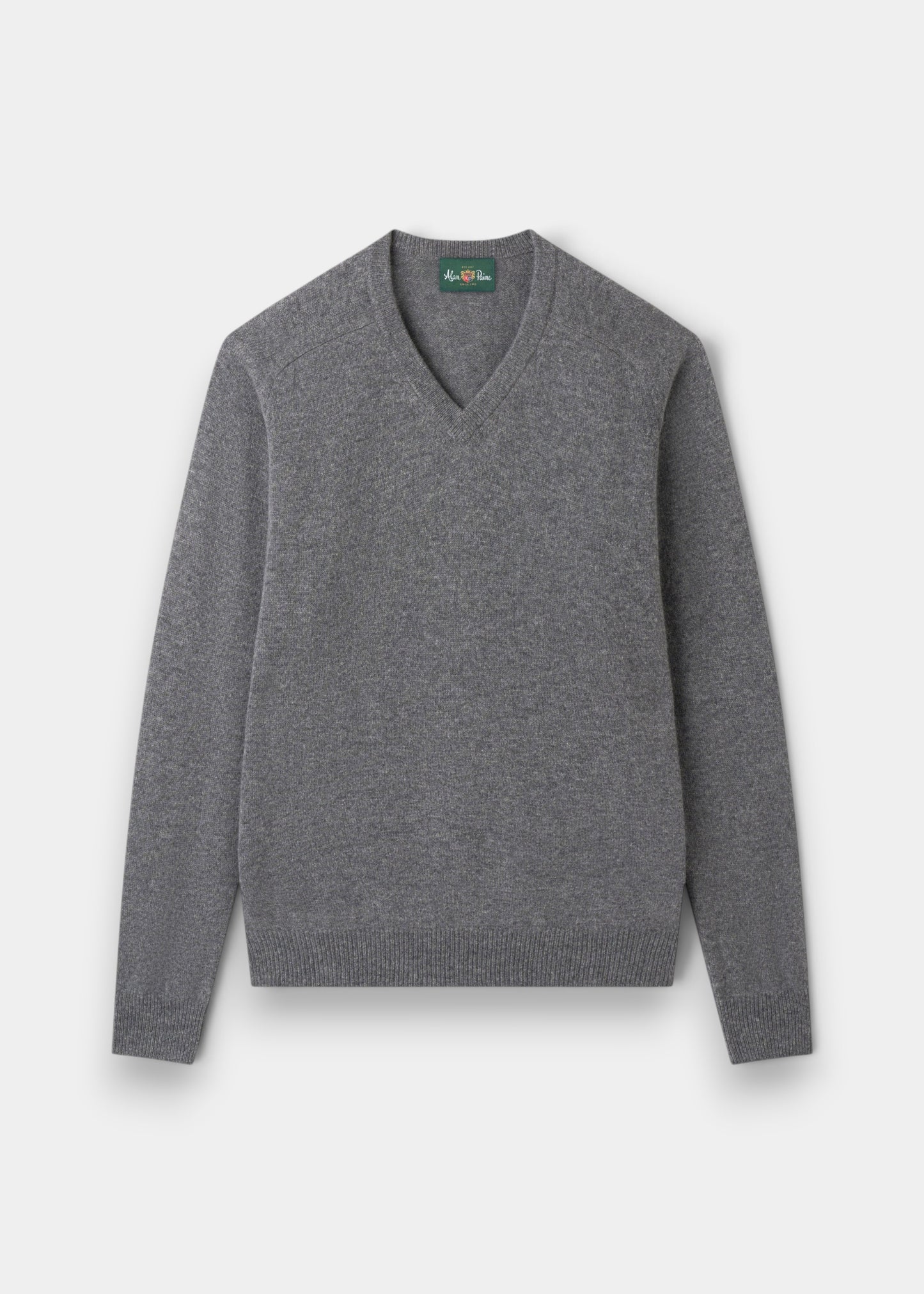 Alan Paine Kilsyth men's grey mix V-neck jumper in soft lambswool with ribbed hem and cuffs