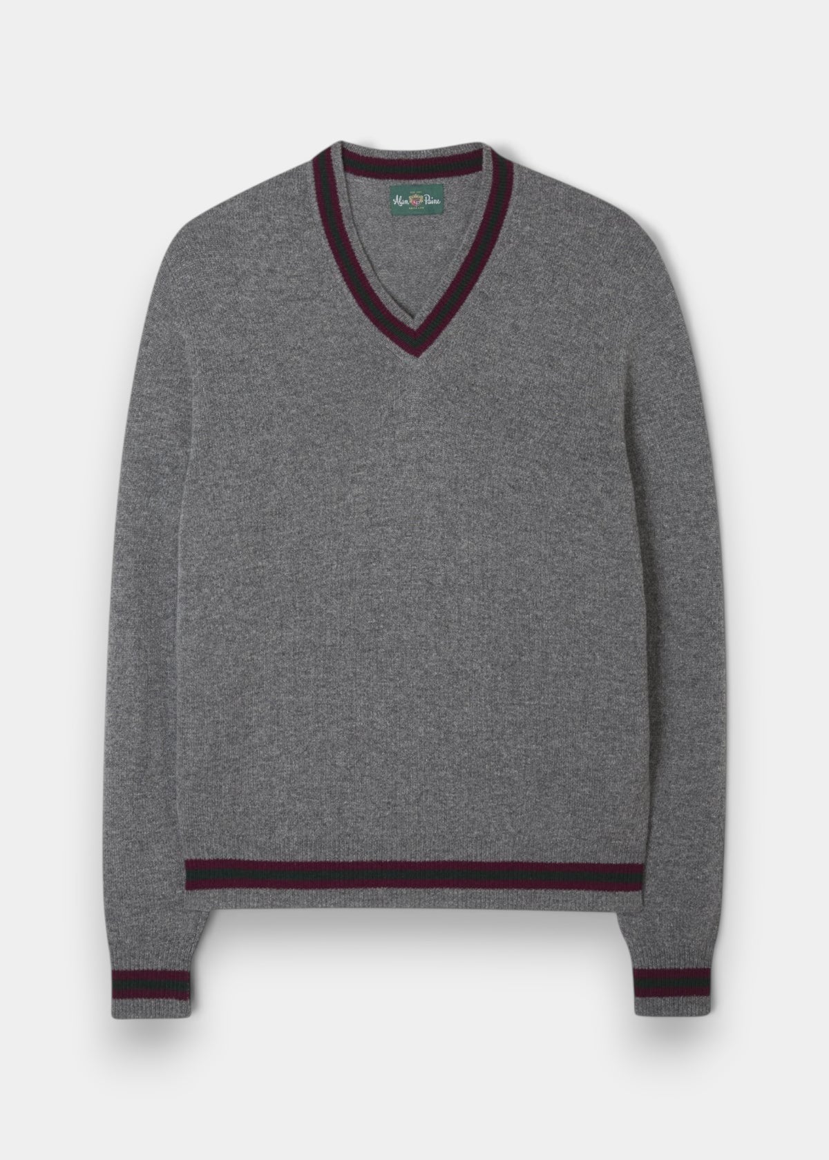 Alan Paine grey lambswool V-neck sweater with heritage-coloured trim on the collar, cuffs, and hem.