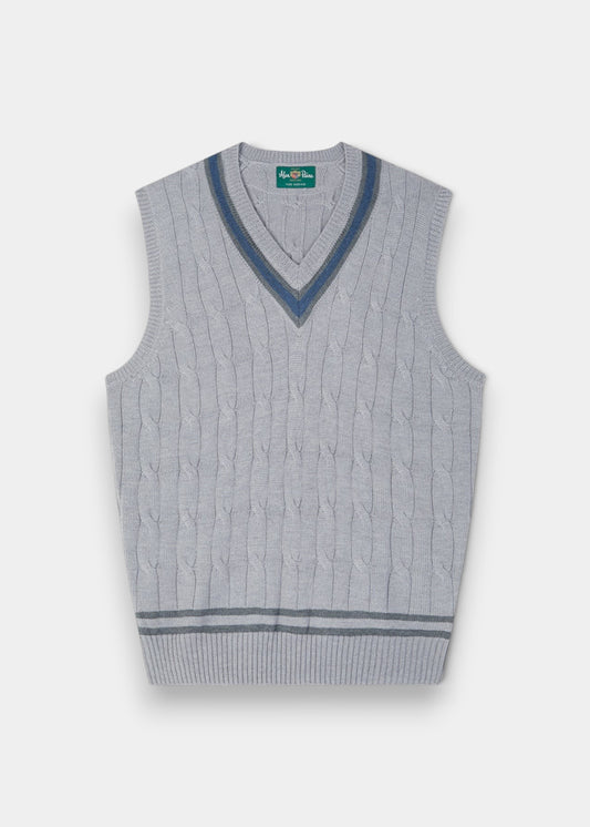 Alan Paine light grey merino wool cable-knit cricket slipover with denim and derby blue trim on a v-neck collar.