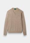 Alan Paine Hampshire classic fit V-neck jumper in linen lambswool with saddle shoulder and ribbed cuffs.