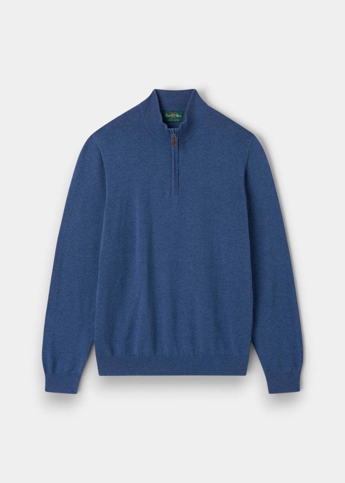 Alan Paine Selhurst indigo quarter zip jumper in a soft Pima cotton and cashmere blend with ribbed cuffs and hem.