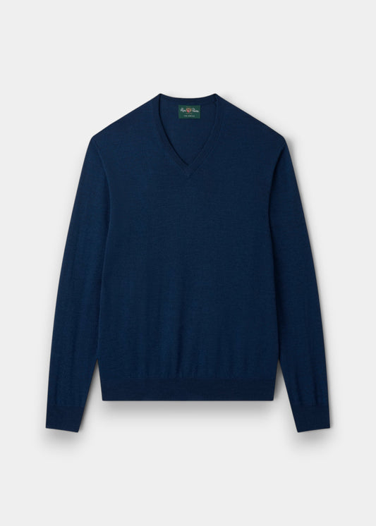 Alan Paine indigo blue v-neck jumper in 100% fine Italian merino wool with ribbed hem and cuffs