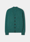 Kinloch Supersoft Shetland Wool V-Neck Cardigan in Kingfisher, regular fit, laid flat on white background.