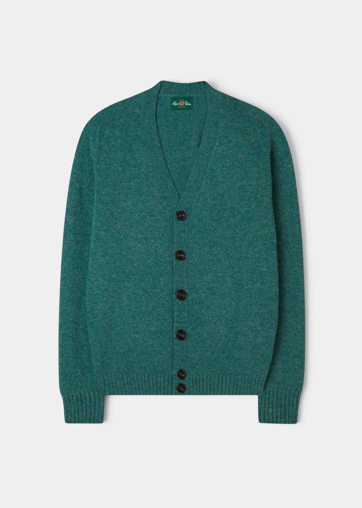 Kinloch Supersoft Shetland Wool V-Neck Cardigan in Kingfisher, regular fit, laid flat on white background.