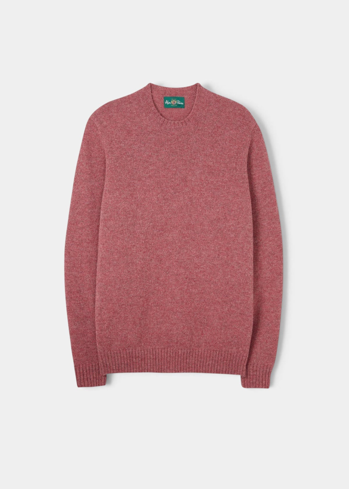 Kinnadie Supersoft Shetland Wool Crew Neck Jumper in Red Clover, regular fit, long sleeves, laid flat on white.
