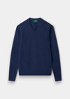 Alan Paine Hampshire lambswool V-neck jumper in rhapsody blue with saddle shoulder and ribbed cuffs.