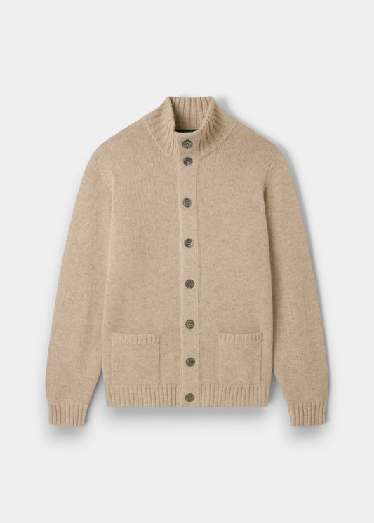 Alan Paine Landford men's linen-coloured lambswool buttoned cardigan with a mock neck and ribbed details.