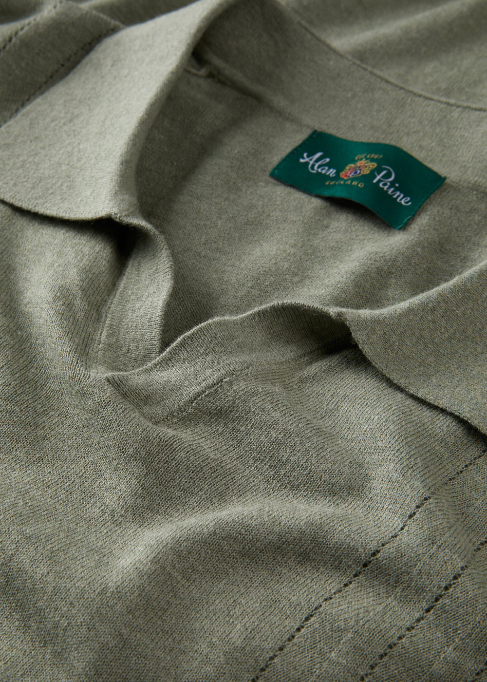 Alan Paine landscape green wool linen silk blend polo shirt with open collar and 14 gauge knit texture