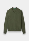 Alan Paine Hampshire lambswool V-neck jumper in landscape green with a classic fit and ribbed cuffs and hem.