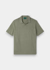 Alan Paine Shipford men's short sleeve polo shirt in landscape green wool linen silk blend with open collar detail
