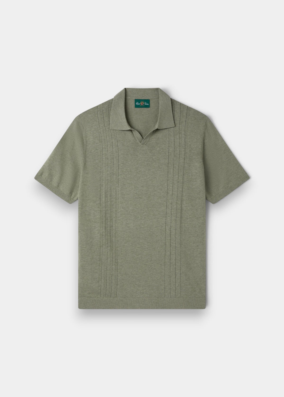 Alan Paine Shipford men's short sleeve polo shirt in landscape green wool linen silk blend with open collar detail