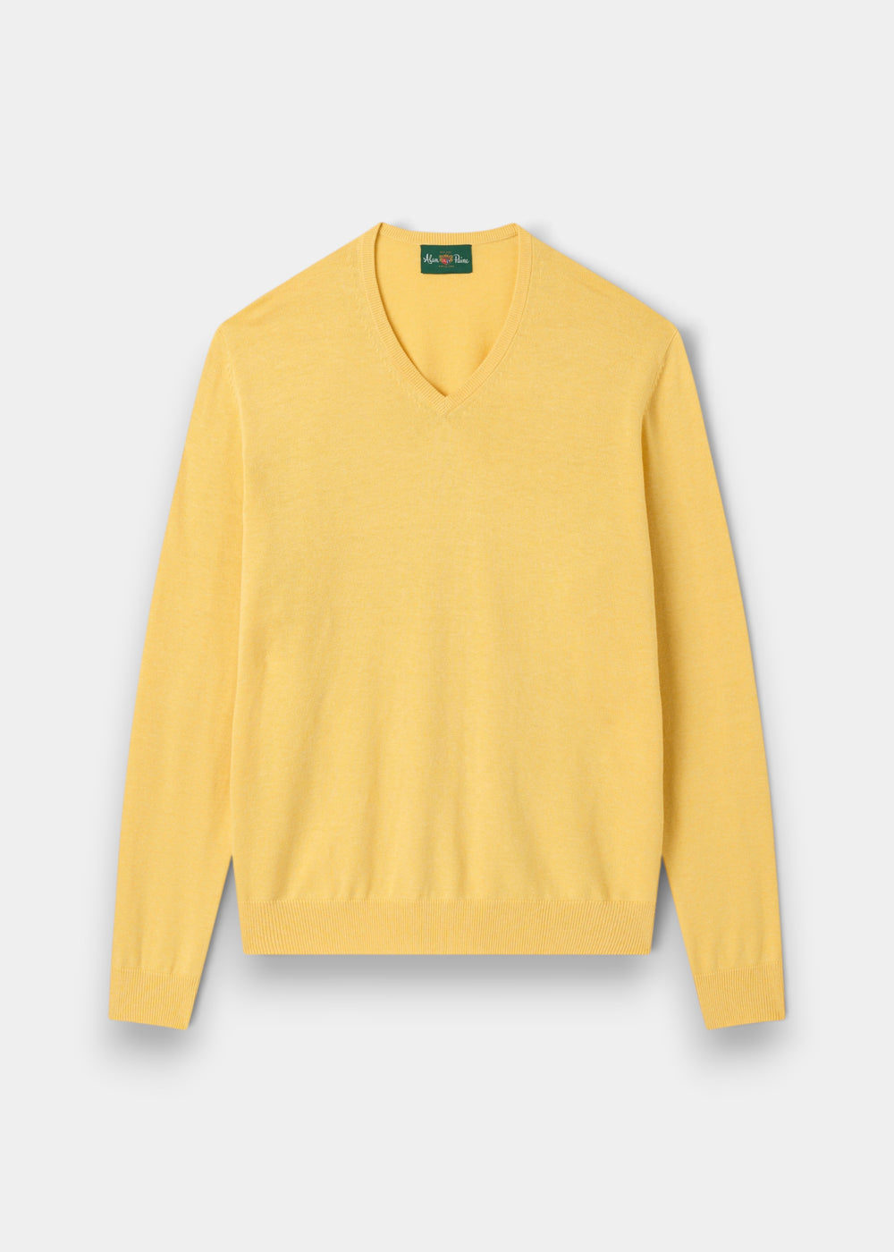 Alan Paine Rothwell lemon yellow v-neck jumper in a soft pima cotton and cashmere blend with ribbed hem and cuffs.