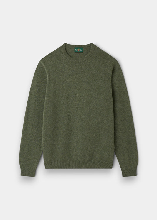 Alan Paine Lenzie men's crew neck jumper in landscape green lambswool with saddle shoulder and ribbed hem