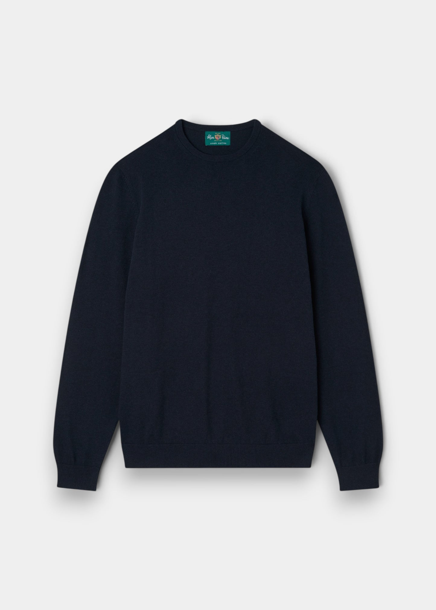 Alan Paine Leysmill dark navy crew neck jumper made from a soft Pima cotton and cashmere blend with ribbed trim.