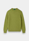 Alan Paine Honley lichen green cable knit crew neck jumper made from a soft Pima cotton and cashmere blend.