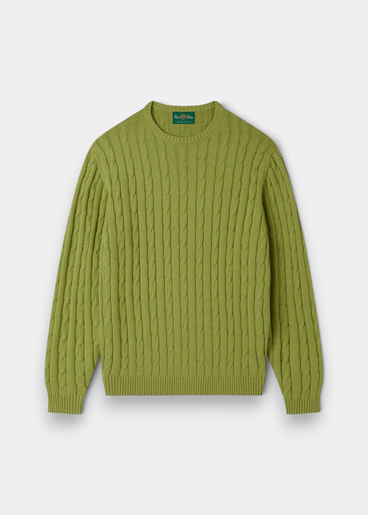 Alan Paine Honley lichen green cable knit crew neck jumper made from a soft Pima cotton and cashmere blend.