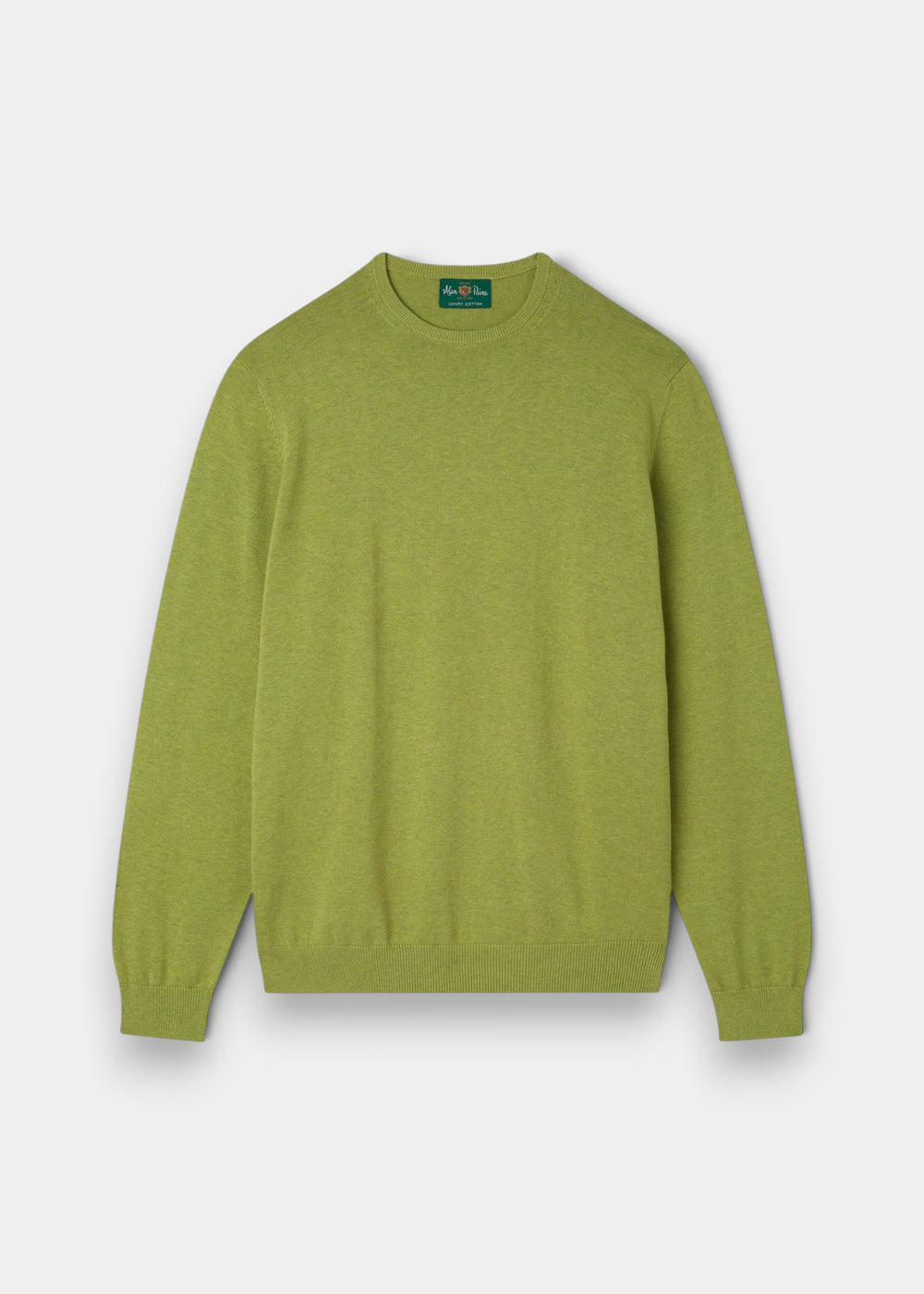 Alan Paine Leysmill crew neck jumper in lichen green, crafted from a soft Pima cotton and cashmere blend.
