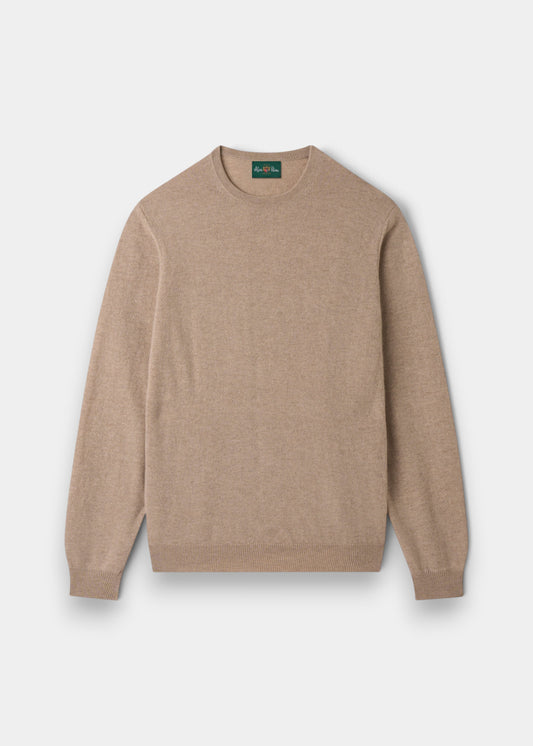 Alan Paine Melfort crew neck jumper in linen beige 100% cashmere with ribbed hem and cuffs