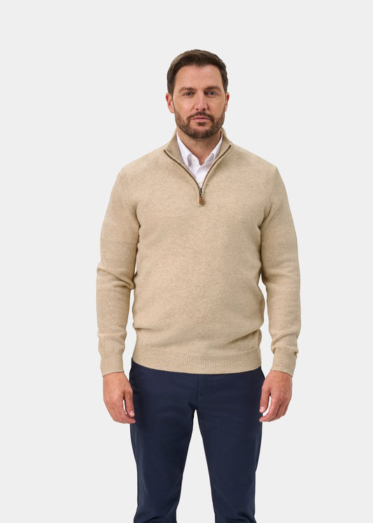 Alan Paine linen-coloured lambswool quarter-zip jumper with leather pull, worn by a man over a white shirt.