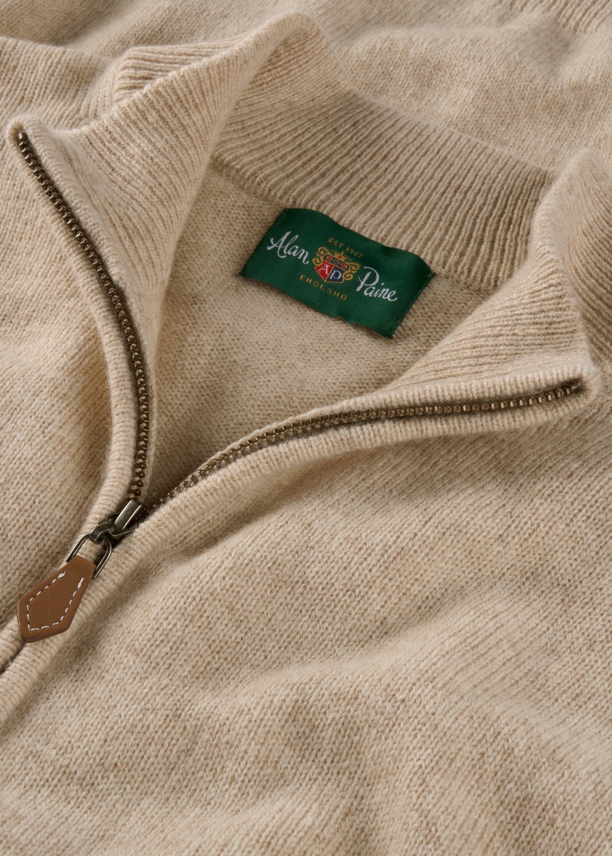 Alan Paine linen lambswool quarter zip jumper with leather zip pull and ribbed mock neck collar