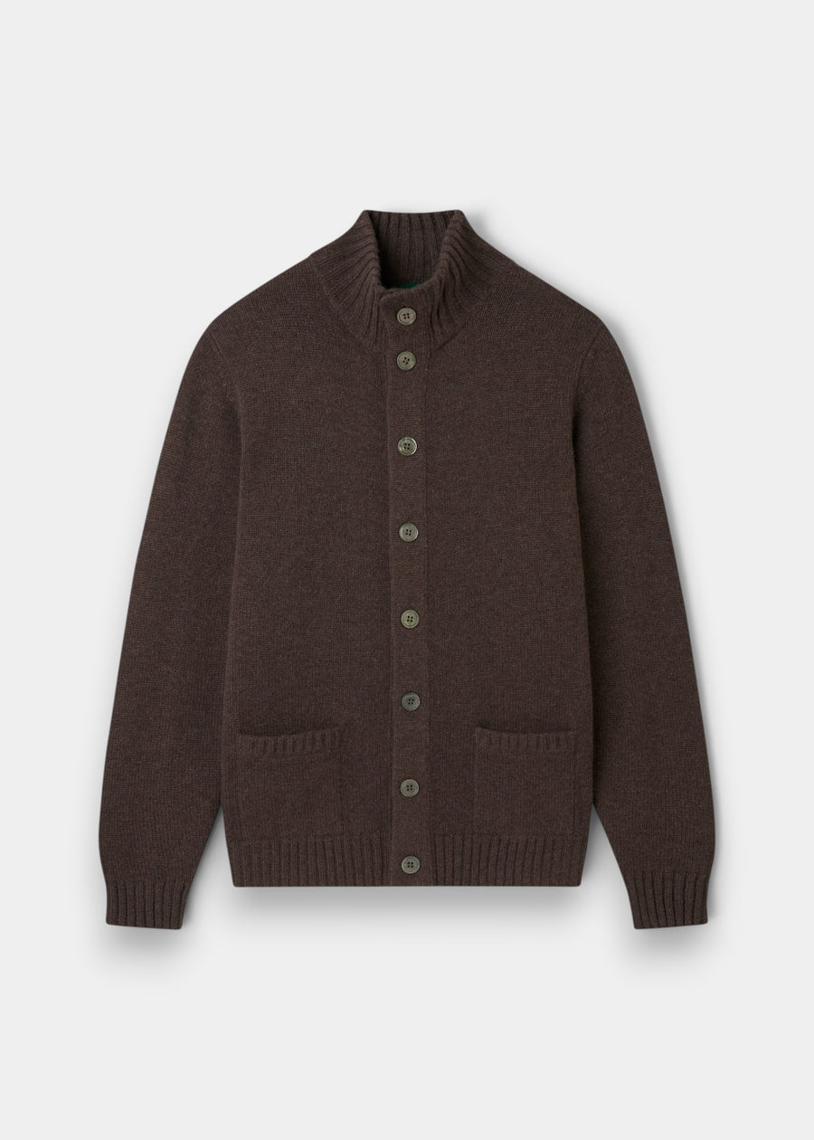 Landford Lambswool Buttoned Mock Neck Jumper in Mocha, regular fit, laid flat on a white background.