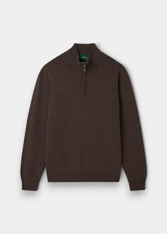 Alan Paine mocha brown lambswool quarter zip jumper with a mock neck and ribbed cuffs in a regular fit.