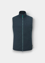 A sleeveless dark teal-gray zip-up vest with a stand-up collar, shown on a light gray background.
