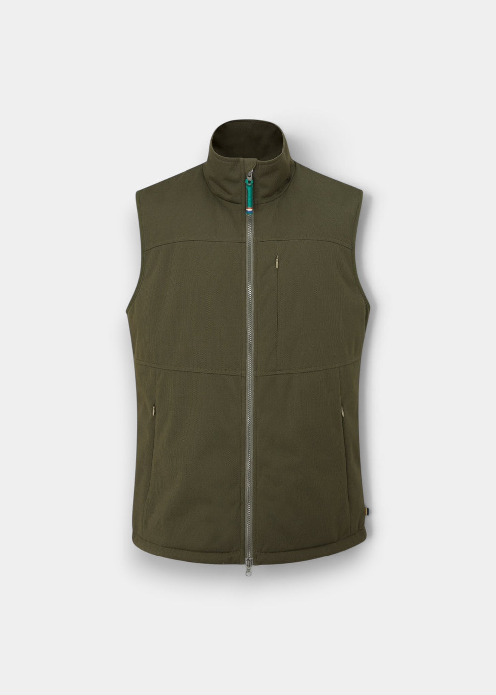 Men's olive wind stopper gilet with zip pockets and a high collar on a grey background.
