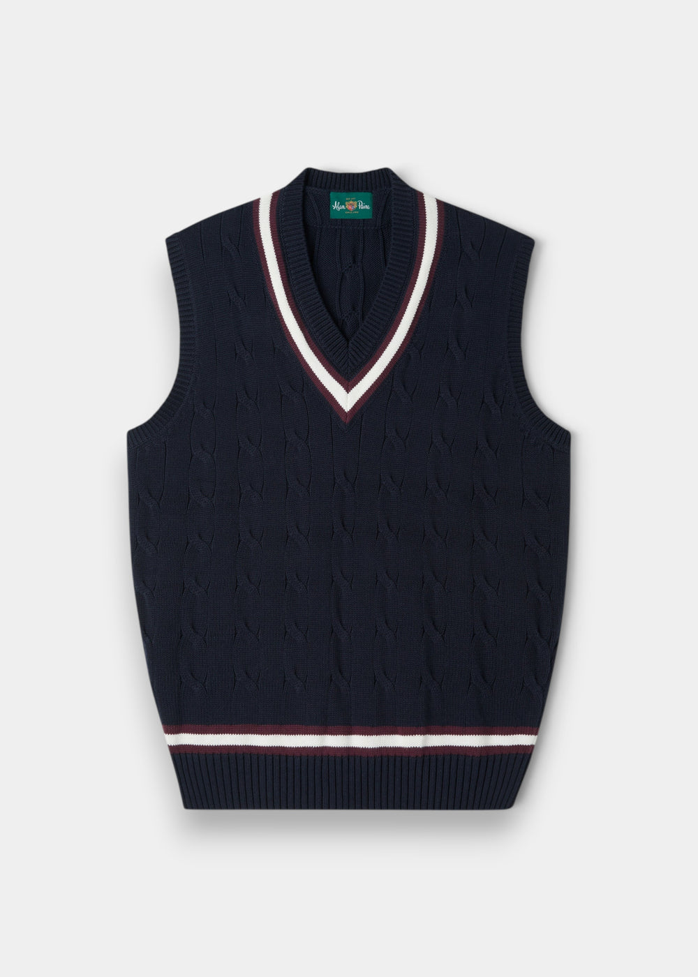 Alan Paine dark navy cotton cable knit cricket slipover with blackcurrant and white V-neck and hem trim.