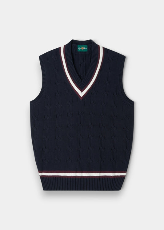 Alan Paine dark navy cotton cable knit cricket slipover with blackcurrant and white V-neck and hem trim.