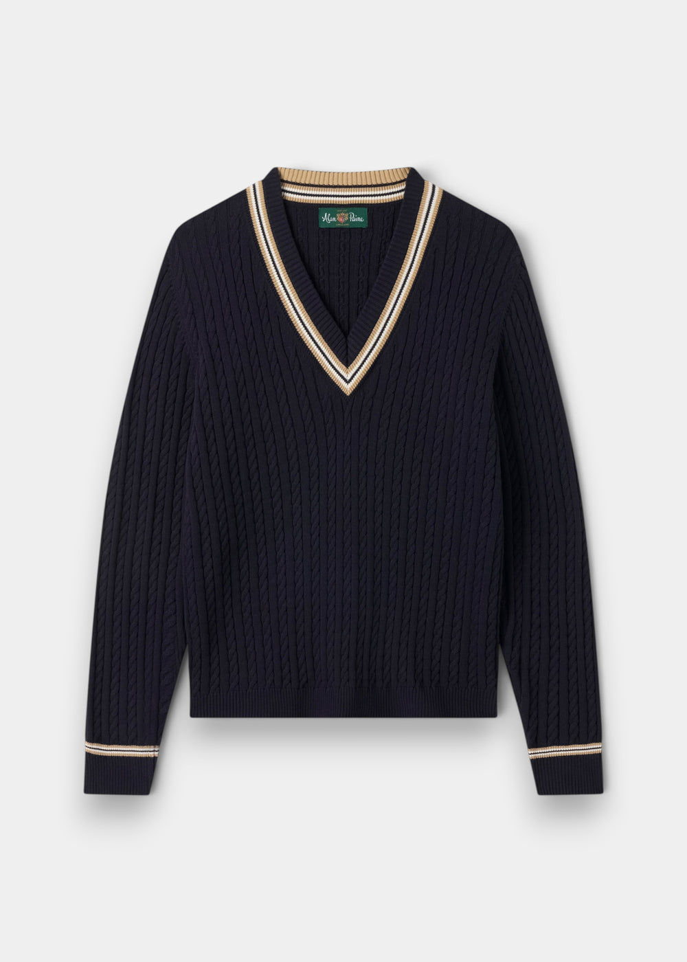 Alan Paine ladies dark navy cable knit cricket jumper with pine nut and ecru V-neck trim in soft pure cotton