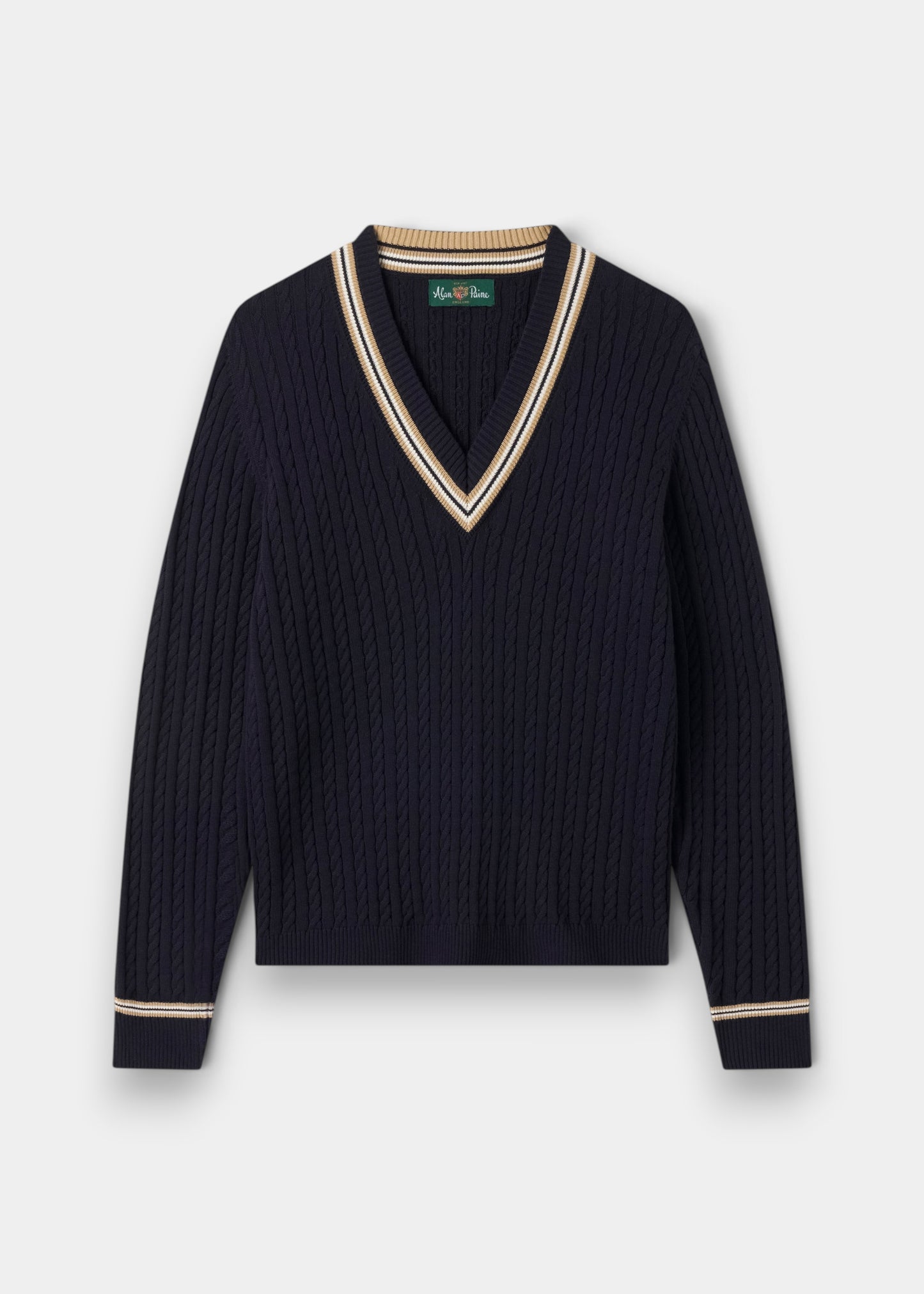 Alan Paine ladies dark navy cable knit cricket jumper with pine nut and ecru V-neck trim in soft pure cotton