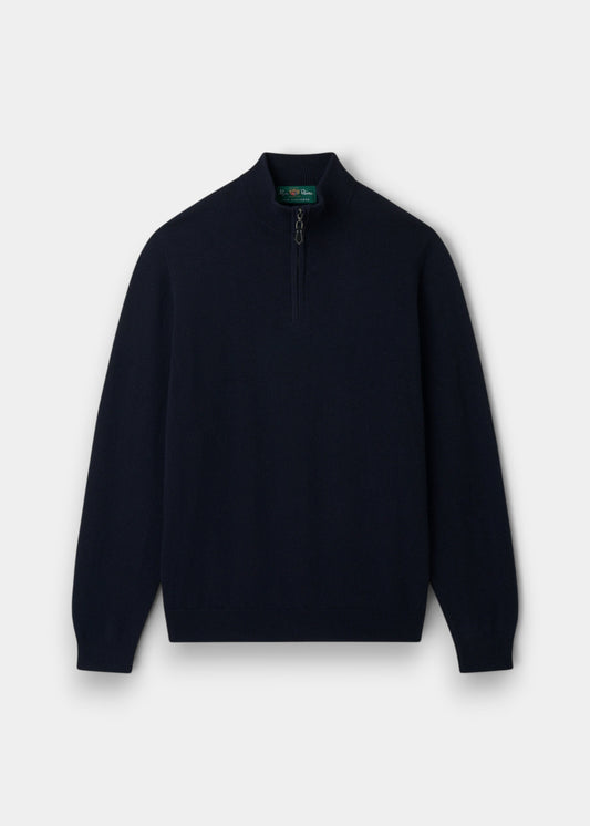 Alan Paine dark navy 100% cashmere jumper with a quarter zip mock neck and ribbed hem and cuffs.