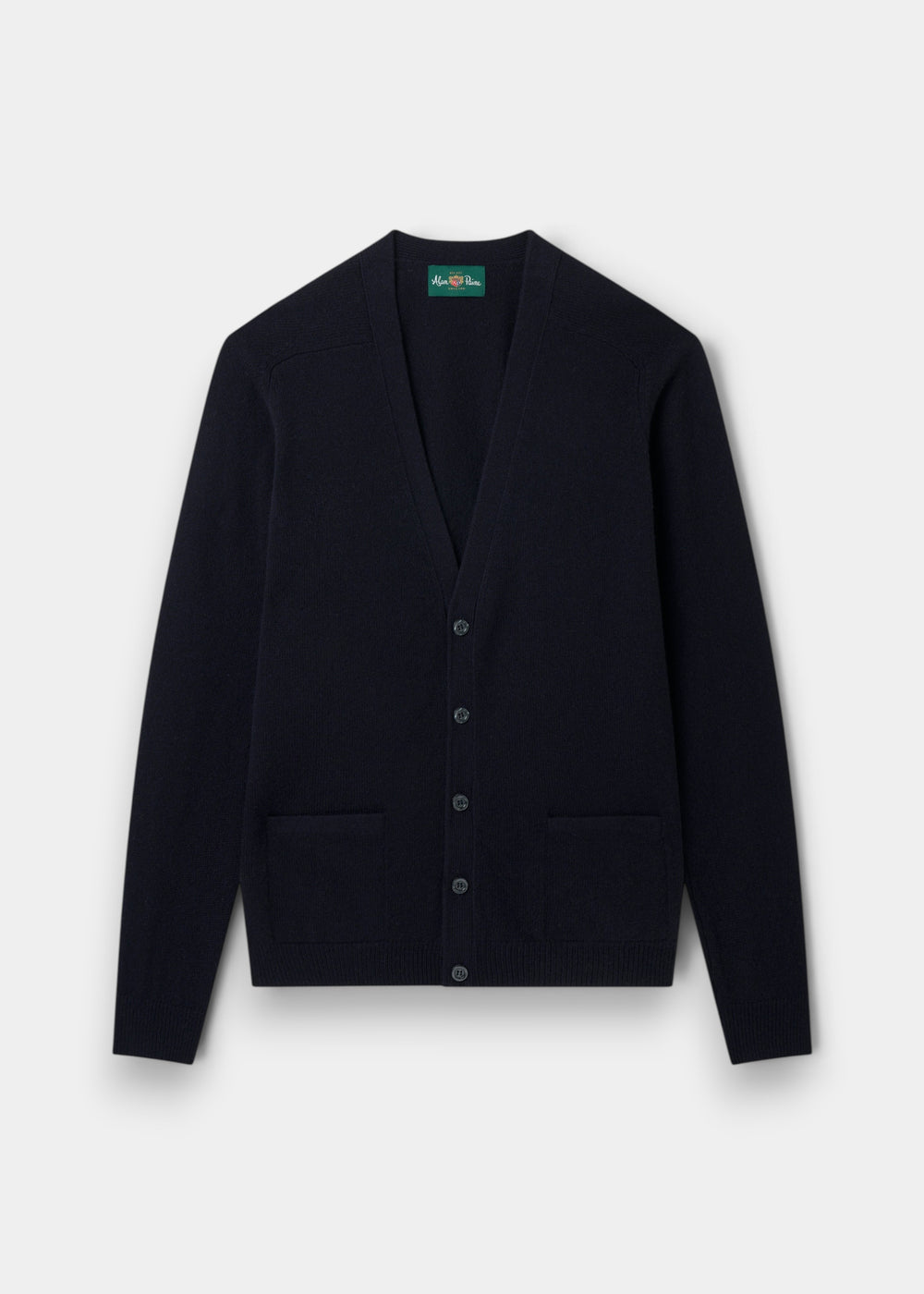 Alan Paine navy blue lambswool cardigan with a V-neck, five-button front, and two jetted pockets in a classic fit.