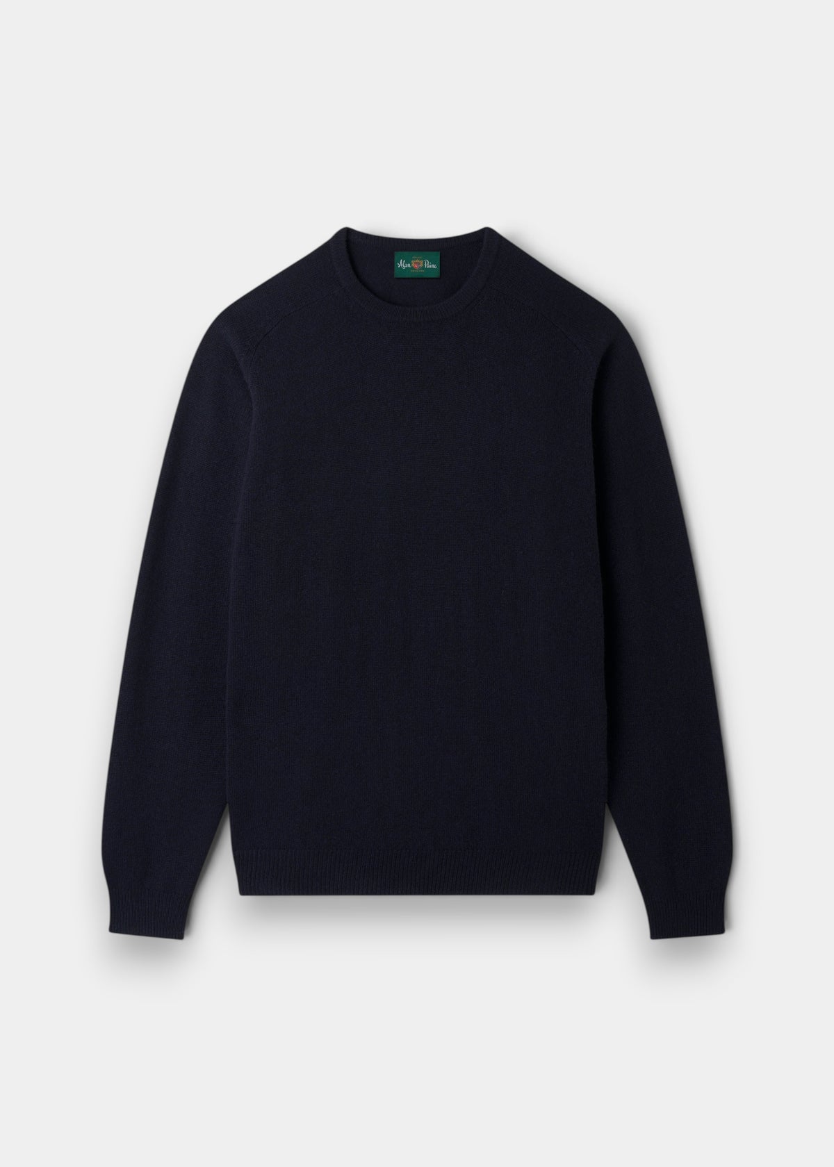 Alan Paine navy crew neck jumper in soft lambswool with a classic fit, saddle shoulders, and ribbed cuffs and hem.