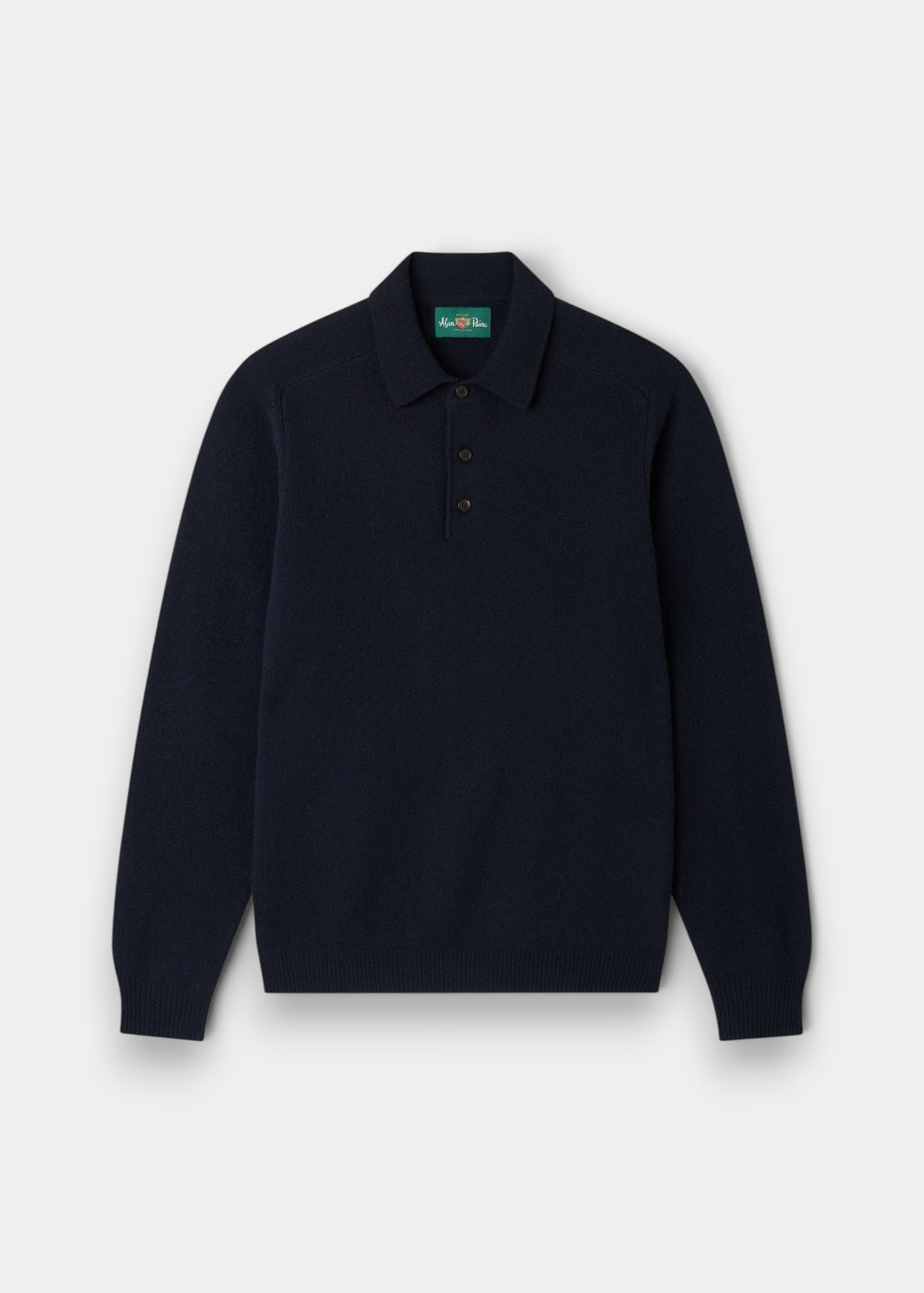 Alan Paine navy lambswool long sleeve polo shirt with a classic collar and three-button placket.