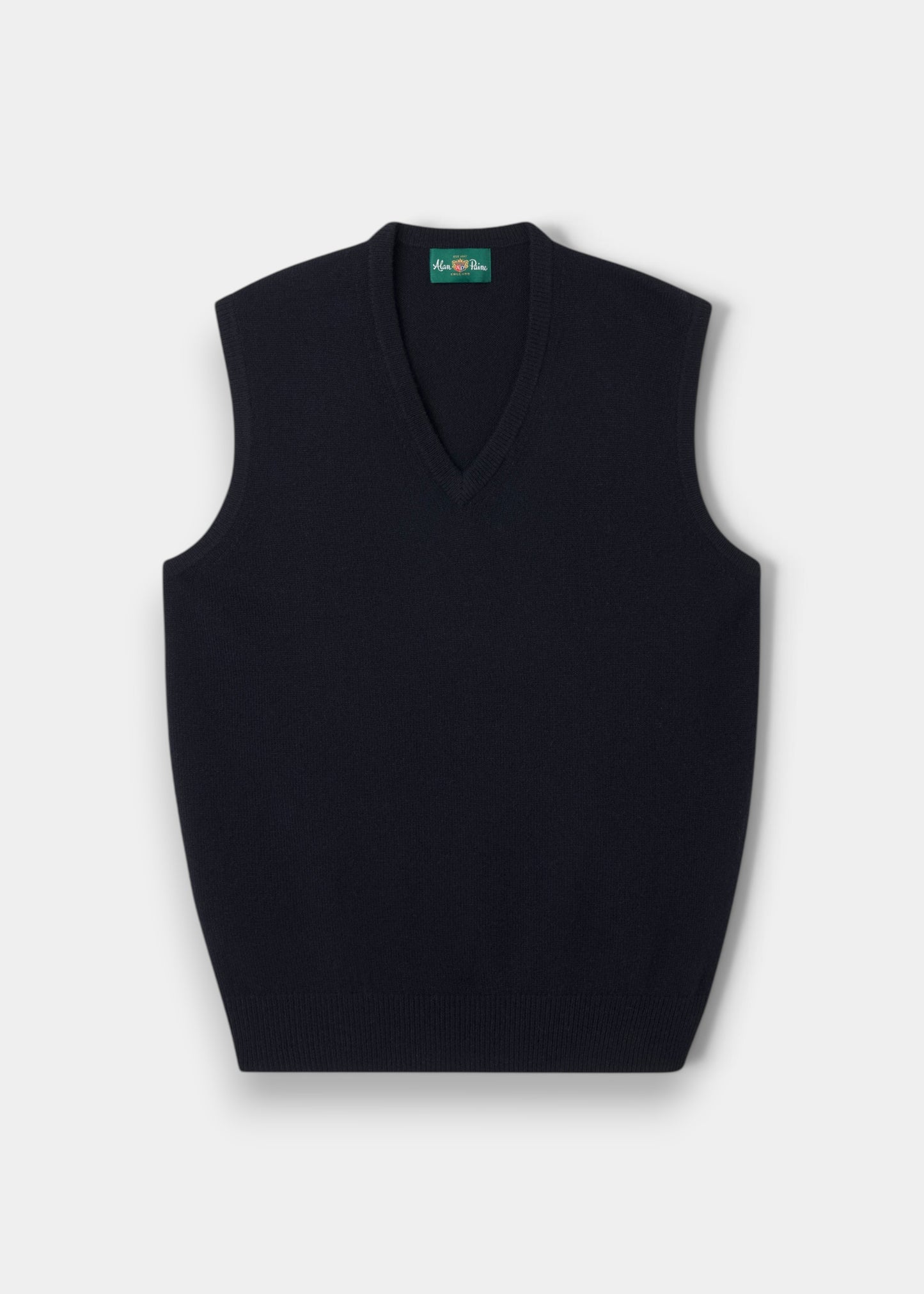 Alan Paine navy lambswool slipover with a classic fit, v-neck, and ribbed hem, perfect for layering.