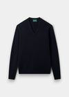 Alan Paine navy V-neck jumper made from 100% soft lambswool with a regular fit and ribbed hem and cuffs.